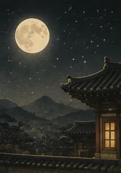 보름달 아래 불 밝힌 한옥 처마와 밤하늘 별