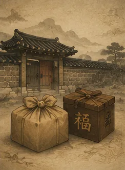 한옥 대문 앞에 놓인 보따리와 복(福) 자를 새긴 상자